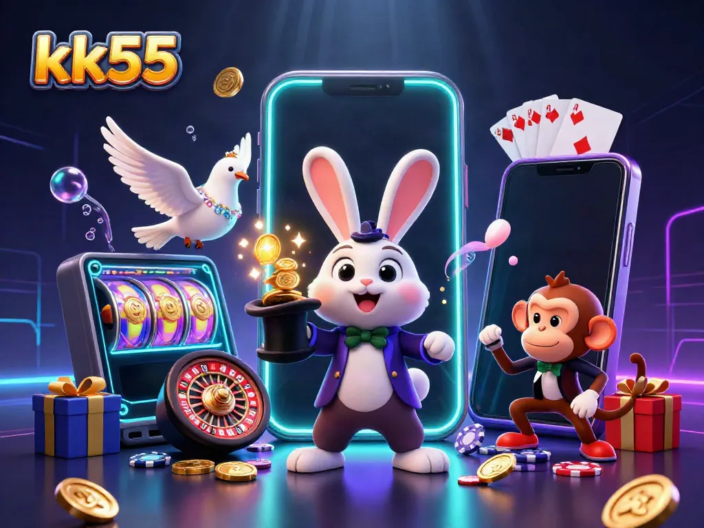 Experience the thrill of kk55 with a magical rabbit pulling coins, vibrant slot game elements, and a captivating casino atmosphere.