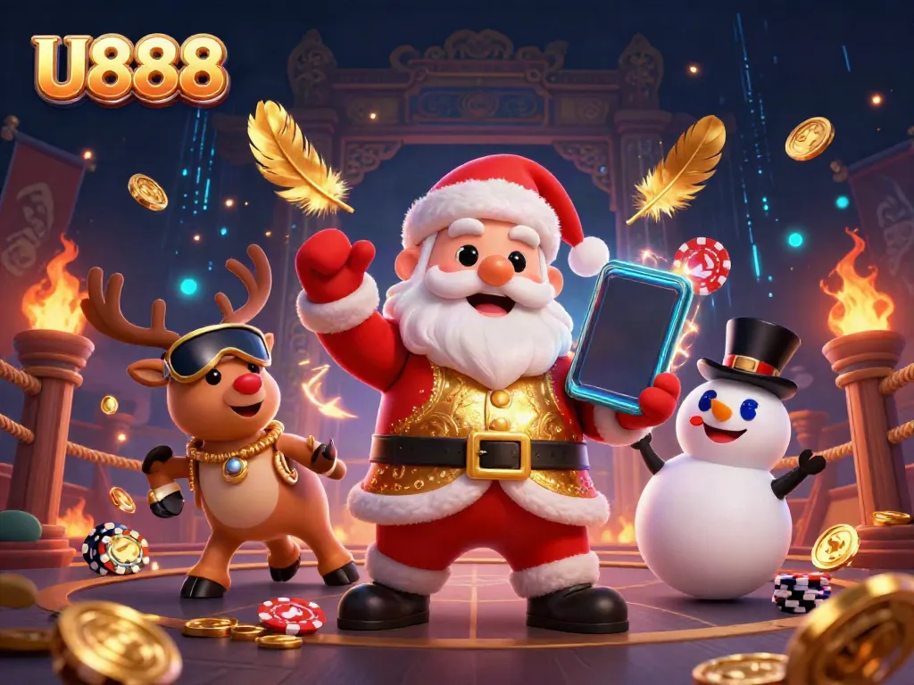 Experience excitement at U888 with a cartoon Santa enjoying jackpot slots amidst vibrant casino ambiance.