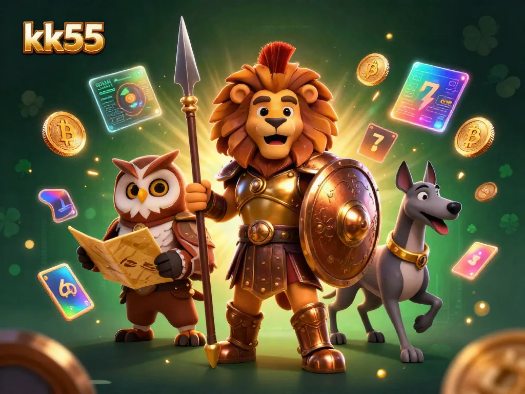 Engage with KK55 and experience thrilling slot reels alongside a heroic lion and tactical owl in action.