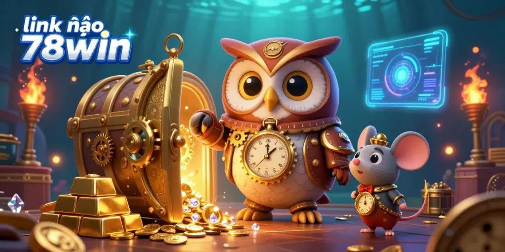 Engage with the vibrant scene showcasing link vào 78win, featuring a time-traveler owl and clockwork mouse in a dynamic gambling environment.