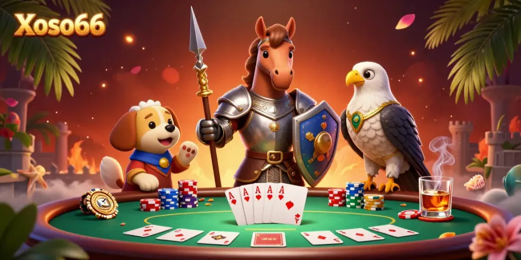 Experience the excitement of Xoso66 with knights and poker elements in a vibrant 3D scene.