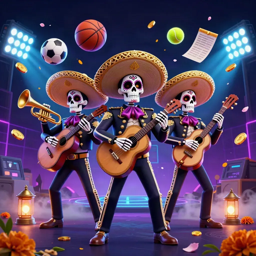 Skeleton mariachi trio amid flying sports balls, coins, trophy, and neon casino lights.