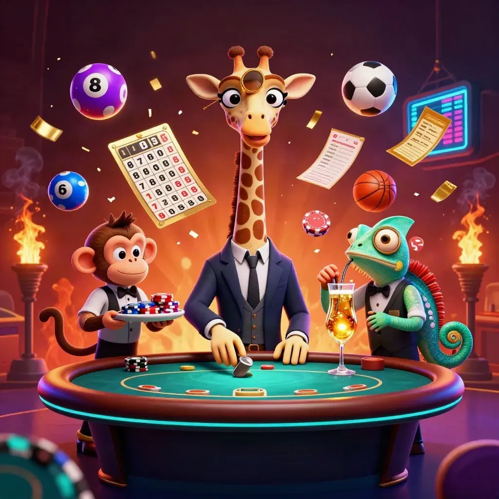 Giraffe high-roller, monkey valet, and chameleon bartender amid casino and sports betting icons, neon-lit