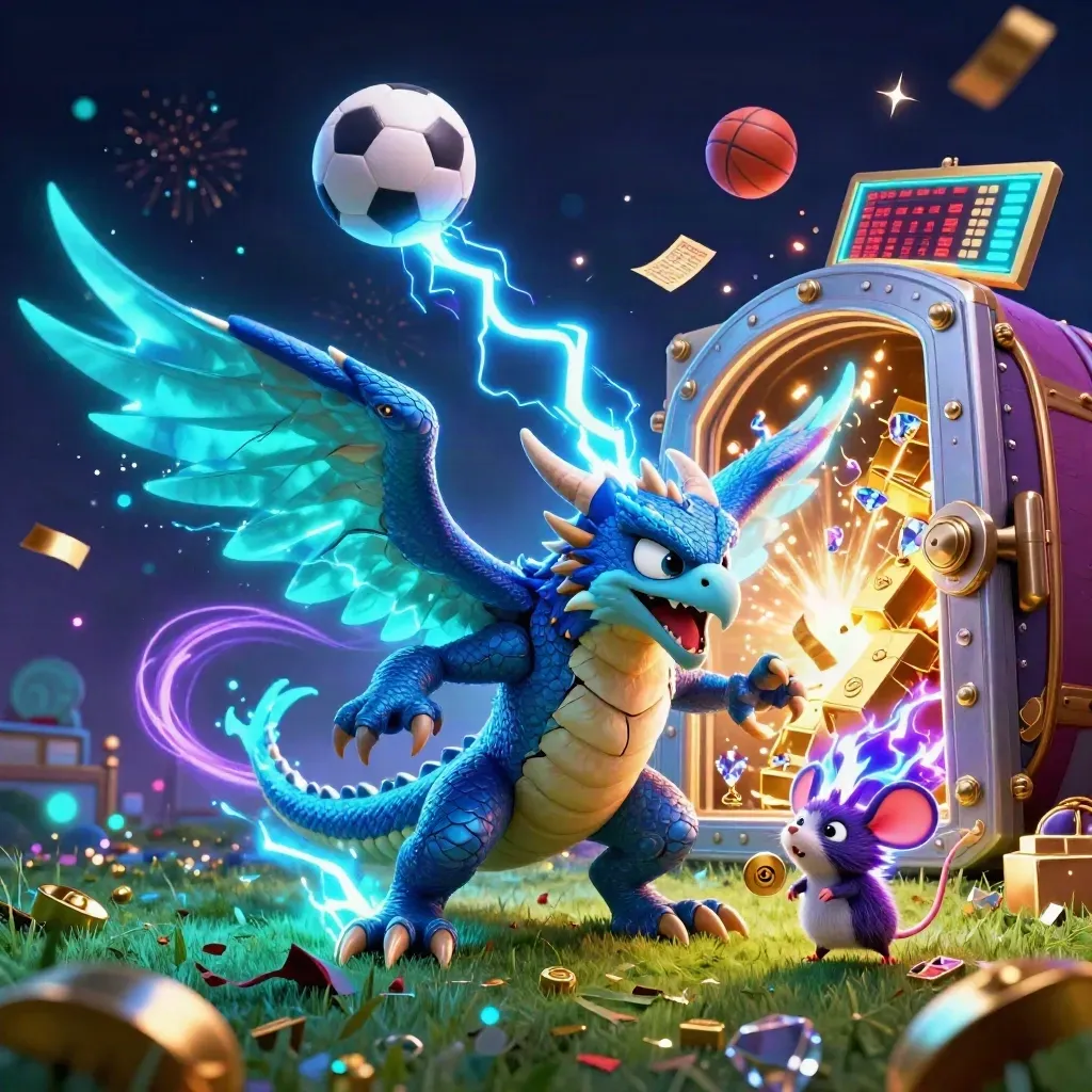 Thunder dragon, hawk, and mouse amid gold, lightning, a soccer ball, vault door, and cyan glow.