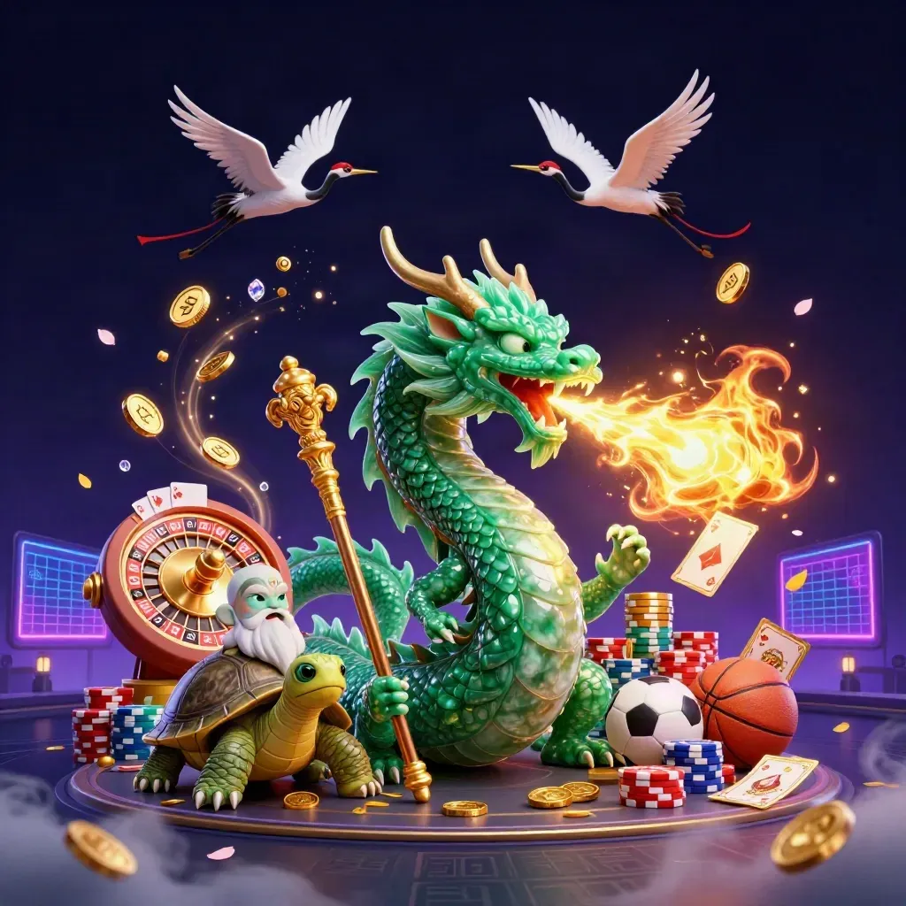 Emerald dragon, turtle sage, and cranes amid gold fire, coins, gems, and neon casino glow.