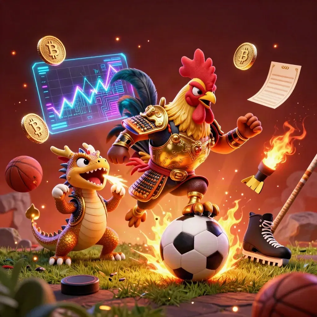 Rooster samurai, dragon hatchling and lucky cat amid coins, sparks and flying sports gear
