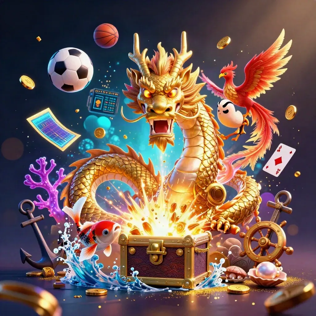 Golden dragon, phoenix, koi, coins, and neon casino symbols in an underwater treasure cove