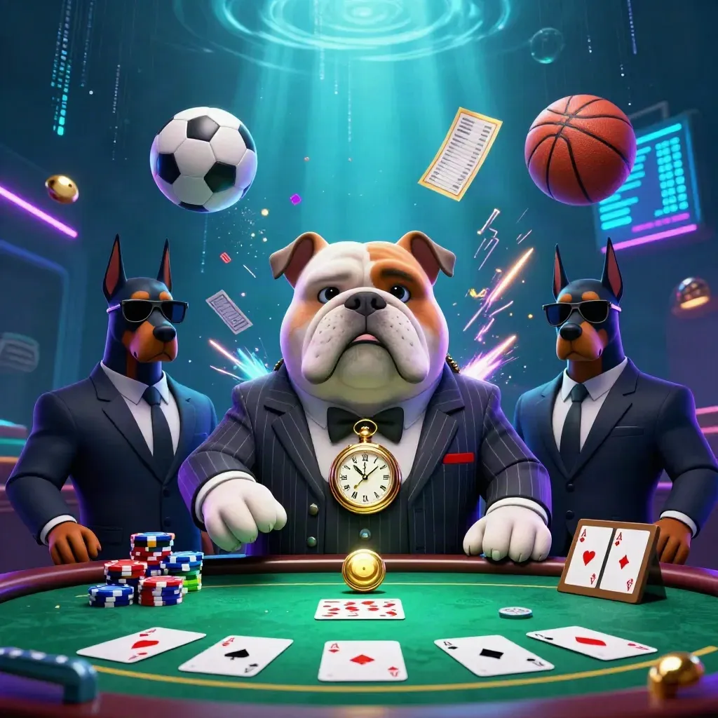 Bulldog boss and Doberman guards amid flying chips, cards, neon sports-casino chaos