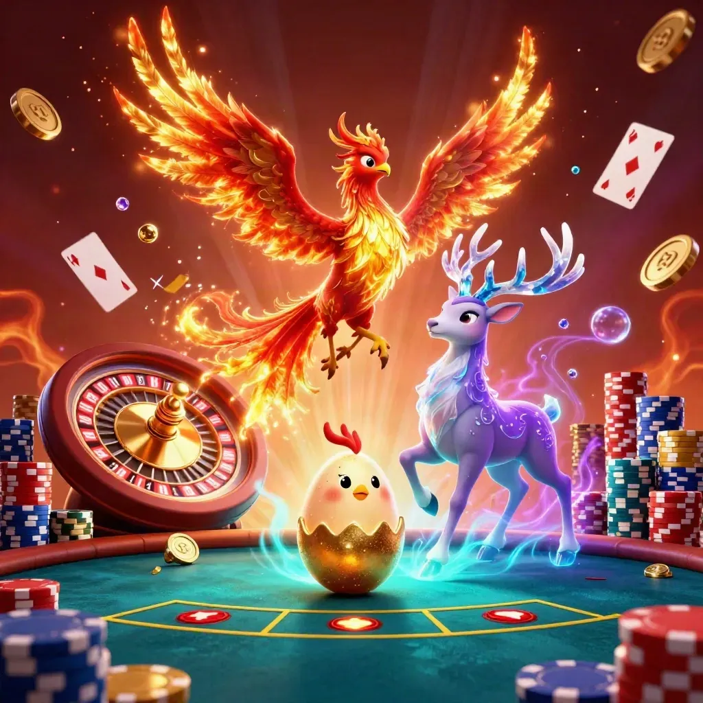 Fire phoenix, baby phoenix, and crystal stag amid casino coins, gems, roulette, cards, and glowing lights.