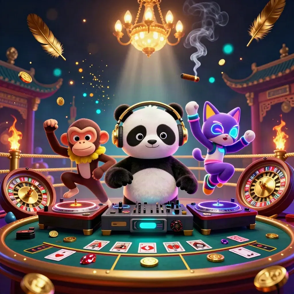Neon casino splash with DJ panda, dancing monkey, glow-kitten, roulette, temple gate