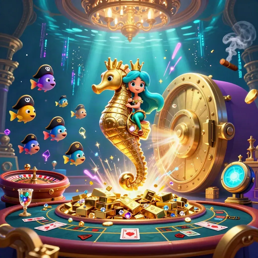 Mermaid princess on golden seahorse in an underwater casino vault, surrounded by gold, gems, and neon energy.