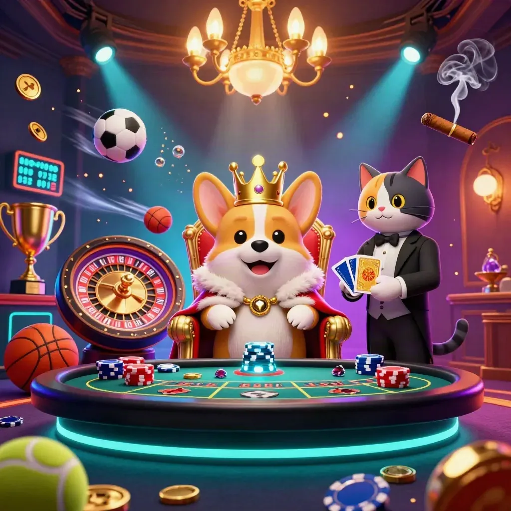 Royal corgi king and cat butler in a neon casino room with chips, balls, trophy, and roulette wheel.