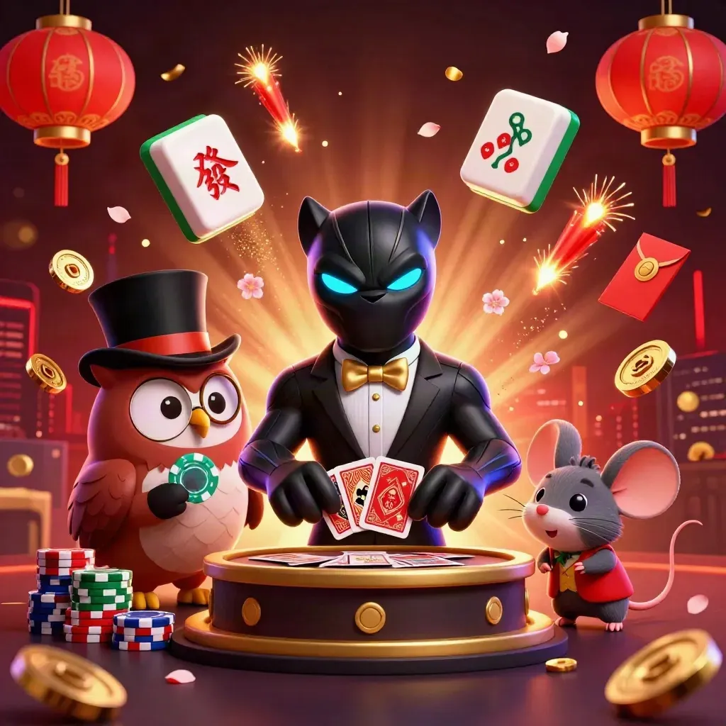 Panther, owl, and mouse casino heroes amid gold, lanterns, coins, and red neon glow.