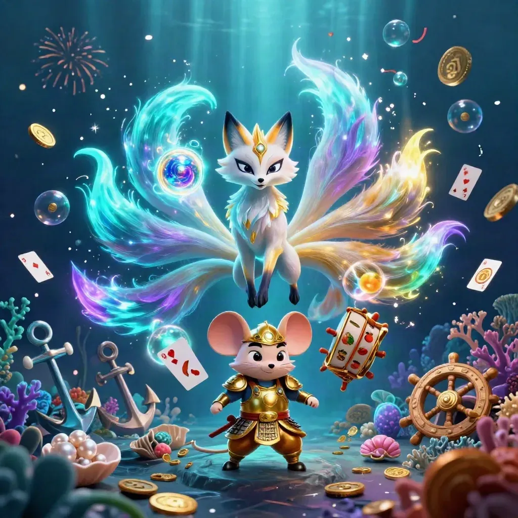 Neon fox spirit and samurai mouse amid treasure, coral, coins, and glowing casino energy