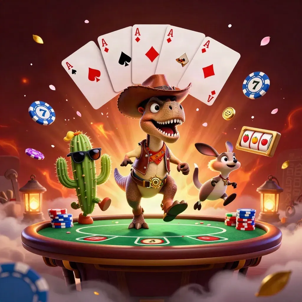 Cowboy T-Rex, cactus, and roadrunner explode through a neon poker-casino scene.