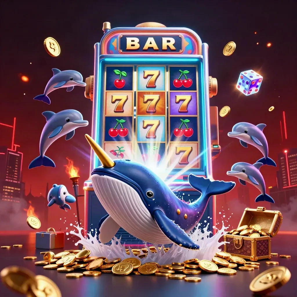 Whale captain and sea creatures burst from coins with treasure, slot icons, and neon rays.
