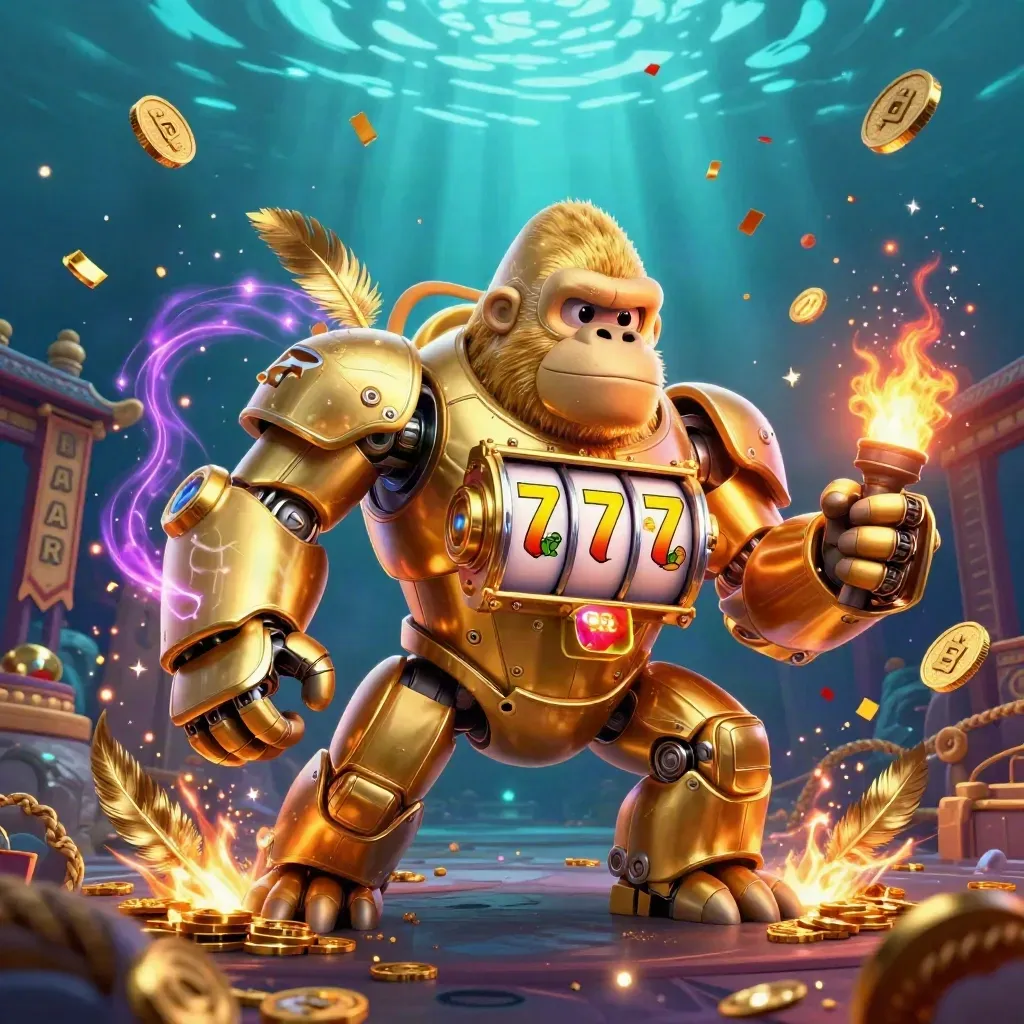 Golden gorilla mech and monkey pilot burst from a neon temple with treasure and sparks.