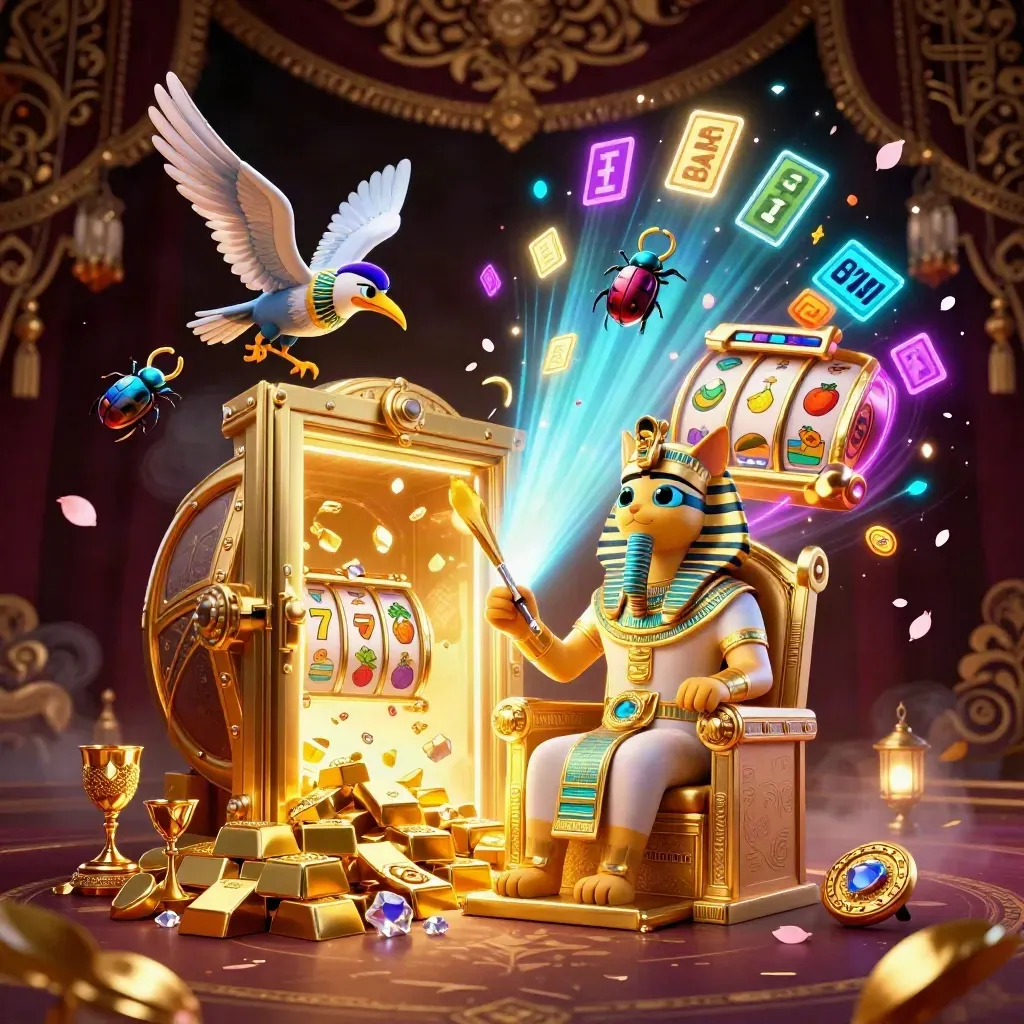 Pharaoh cat, ibis scribe and gem-wing scarabs burst treasure from an open vault.