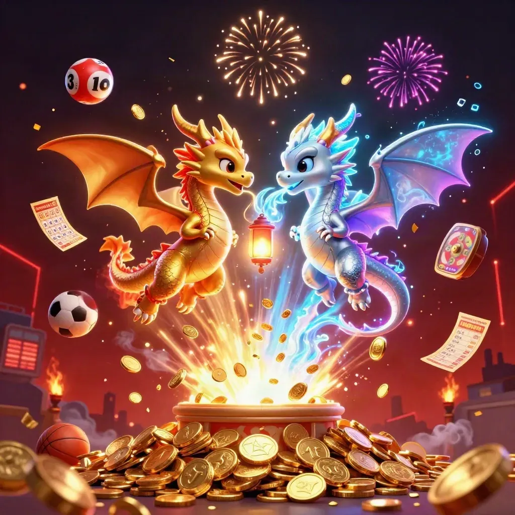 Gold and silver dragons spiral above casino symbols in a neon vault burst.