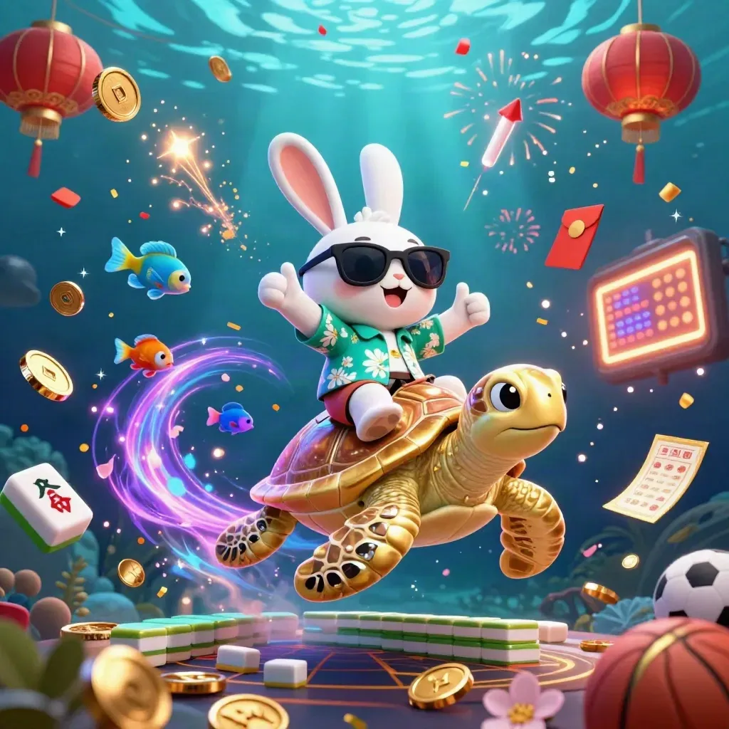 Lucky rabbit on jeweled sea turtle amid coins, lanterns, fireworks, and casino sports icons