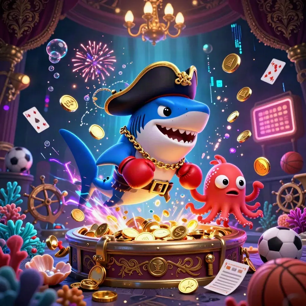 Pirate shark, boxing pufferfish, and juggling octopus amid gold coins, fireworks, and casino props.