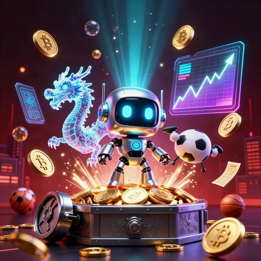 Cyberpunk robot, holographic dragon, coins, and casino treasure bursting in neon glow.