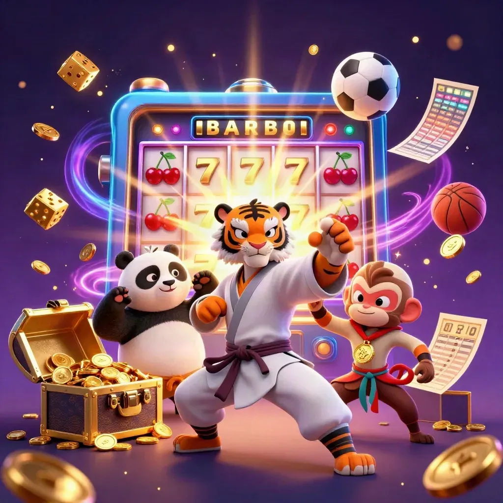 Tiger, panda, and monkey in neon casino action amid coins, fireworks, and slot bursts.