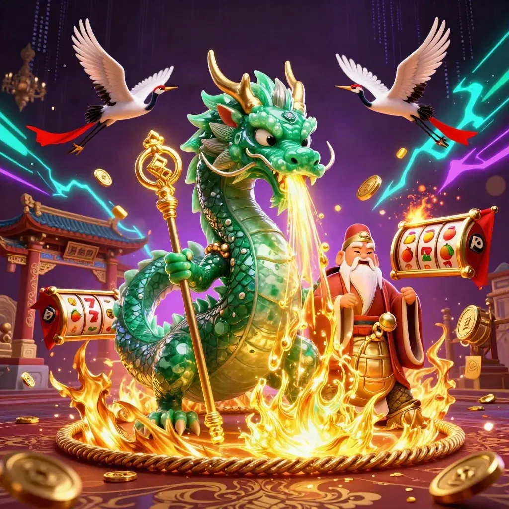 Emerald dragon, turtle sage, and cranes amid gold fire, neon energy, and casino relics.