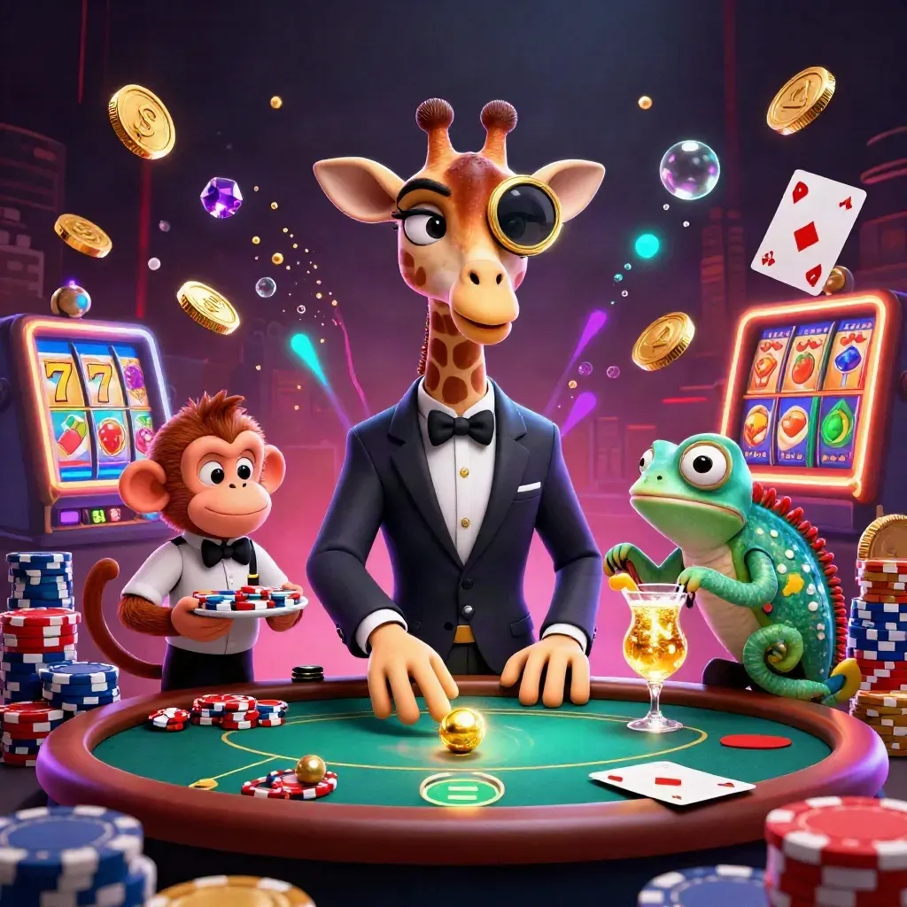 Giraffe poker boss, monkey valet and chameleon bartender amid coins, chips and neon casino glow.