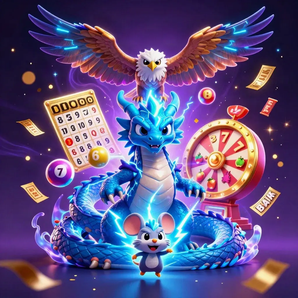 Thunder dragon, wind hawk, and static mouse amid casino and slot effects
