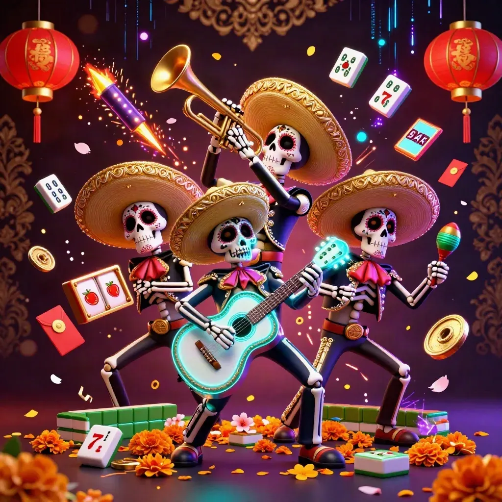 Skeleton mariachi trio with casino symbols, neon effects, and ornate dark luxury backdrop.