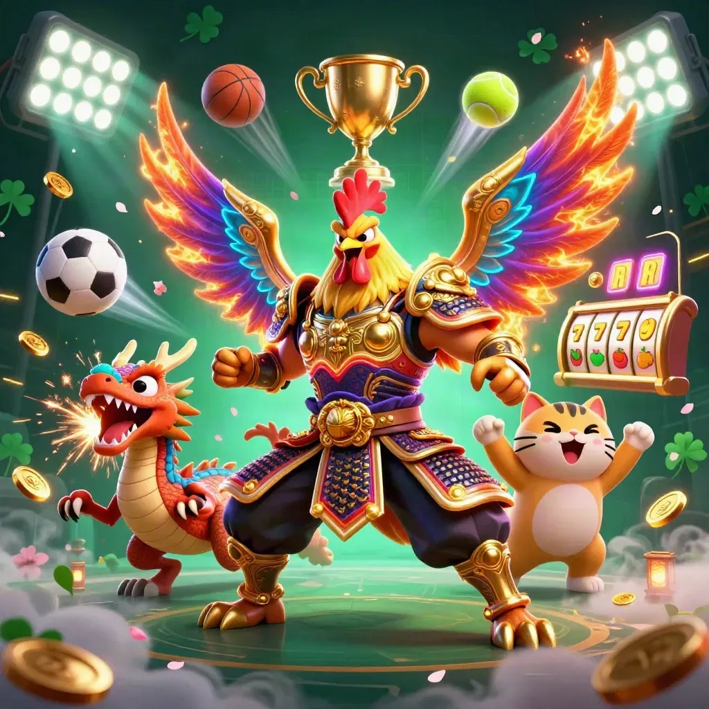 Rooster warrior, dragon hatchling, and fortune-cat amid neon casino sports icons and golden sparks.