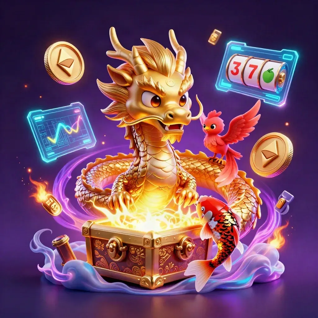 Golden dragon with phoenix, koi, coins, reels, and neon casino effects on a dark purple background.