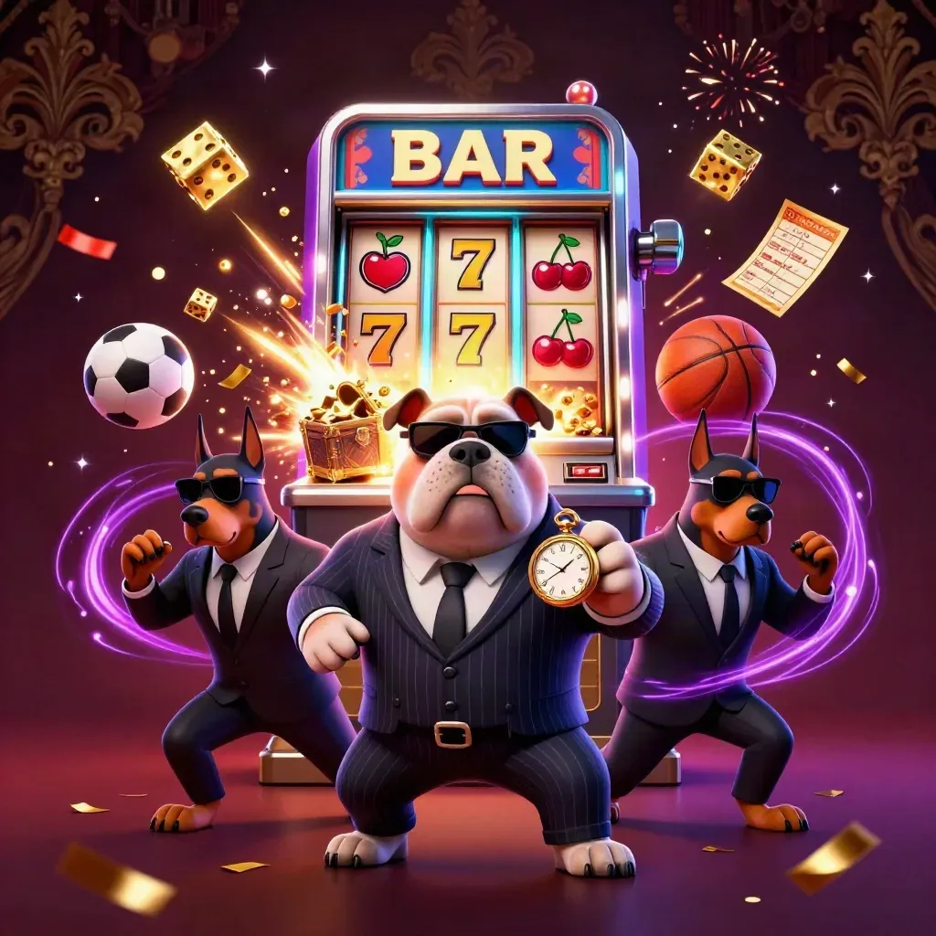 Mafia bulldog with Dobermans amid slot bursts, gold, and casino energy