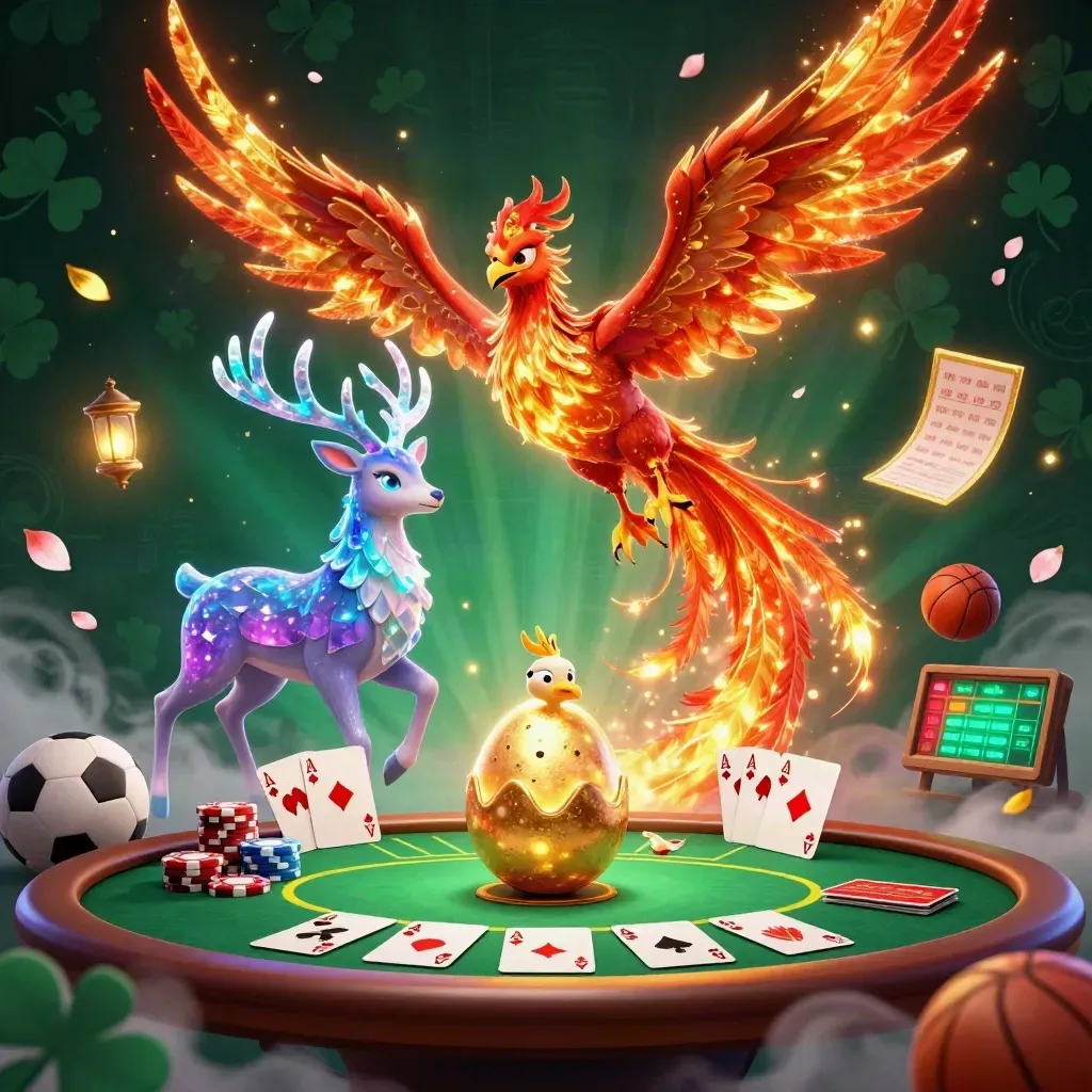 Phoenix, baby phoenix, and crystalline stag amid casino chips, cards, balls, and neon magic.