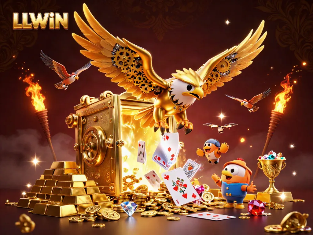 Experience thrilling gameplay with LLWIN's golden eagle diving into holographic cards and treasure.