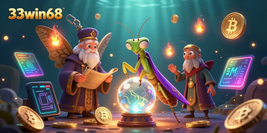 Engage with 33win68's vibrant casino universe featuring a fortune teller and mystical elements.