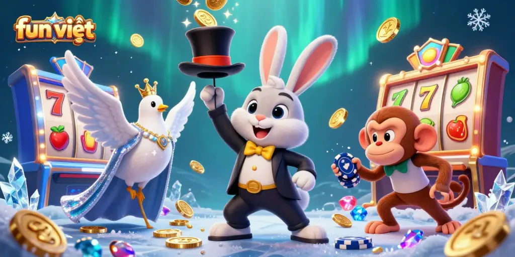 Experience the excitement of fun việt as a magician rabbit conjures coins and a monkey steals poker chips.