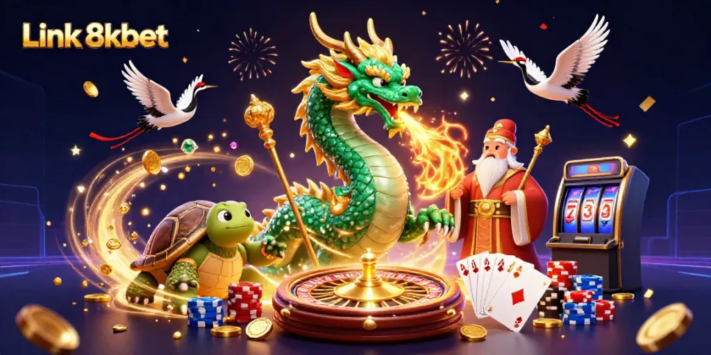 Experience the excitement of gambling with Link 8kbet featuring a jade dragon, lucky elements, and casino graphics.