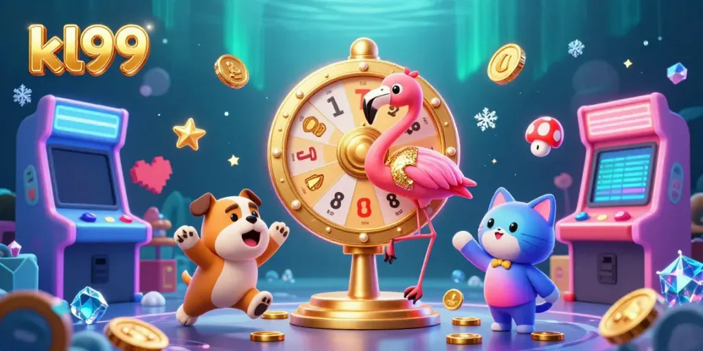 Engage in exciting kl99 game play with a flamingo host, bulldog contestant, and prize wheel illustration.