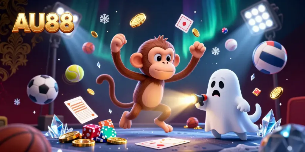 Experience the thrill of AU88 with a lively monkey juggling in a haunted casino inspired 3D world.