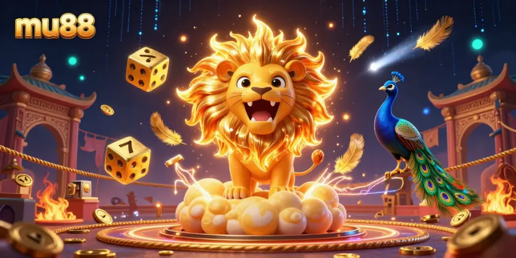 Experience the excitement of mu88 with a roaring sun lion, golden dice, and vibrant casino elements.