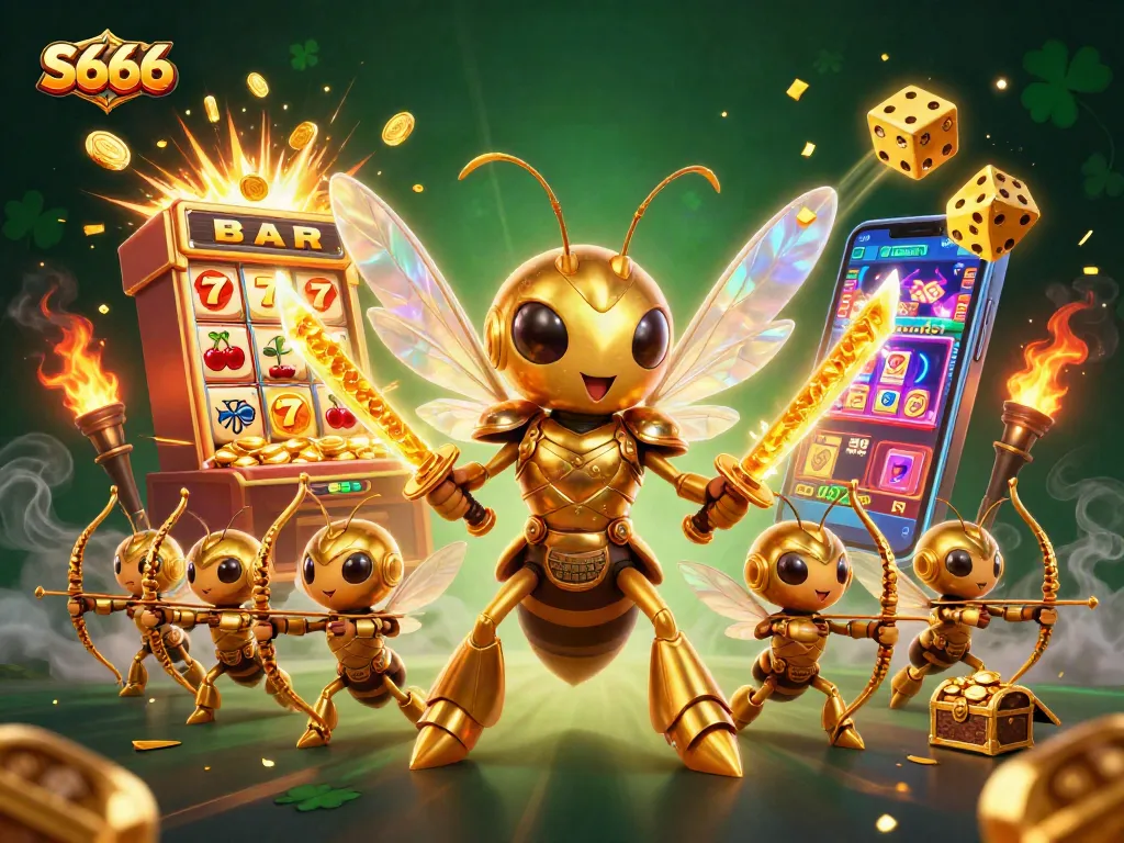 S666 players enjoy a dynamic casino experience surrounded by golden elements, vibrant games, and big wins.