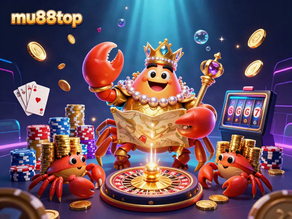 Win exciting prizes at mu88top's vibrant casino with treasure-themed 3D illustration full of gold and gems.