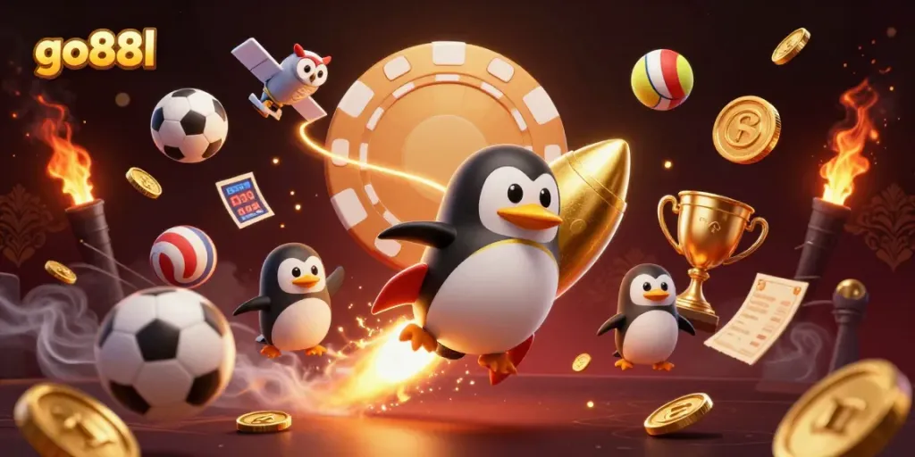 Bet on go88l with a golden penguin racing to a casino space station, filled with coins and sports.