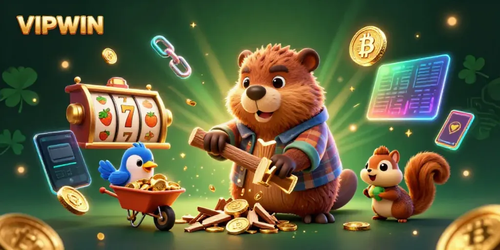 Experience excitement with VIPWIN as a beaver chops a tree raining gold coins in a vibrant casino scene.