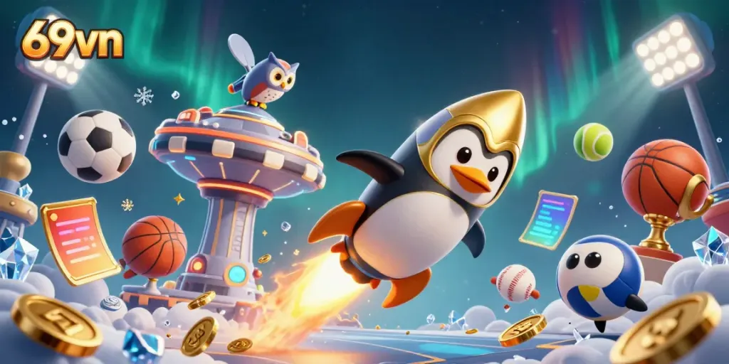 Experience thrilling sports betting with 69vn, featuring a rocket-powered penguin amidst vibrant casino elements.