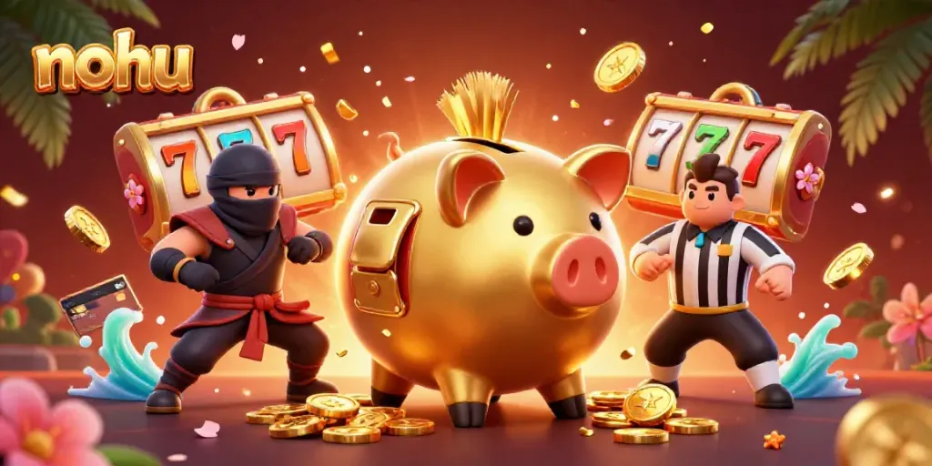 Engage with nohu's thrilling casino action featuring animated golden piggy bank sumo wrestler surrounded by dynamic gambling elements.