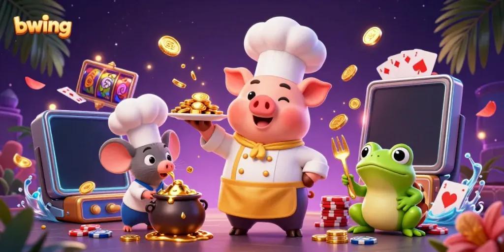 Engage in the vibrant world of Bwing with a chef pig serving gold coins surrounded by lively gaming elements.