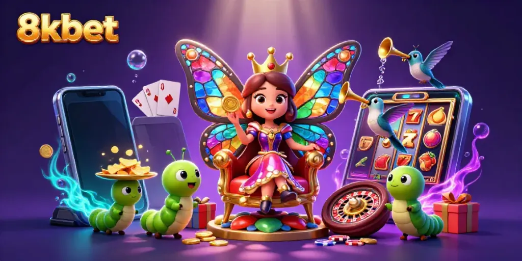 Experience thrilling gameplay with 8xbet’s dynamic casino scene featuring a butterfly queen and vibrant slot games.